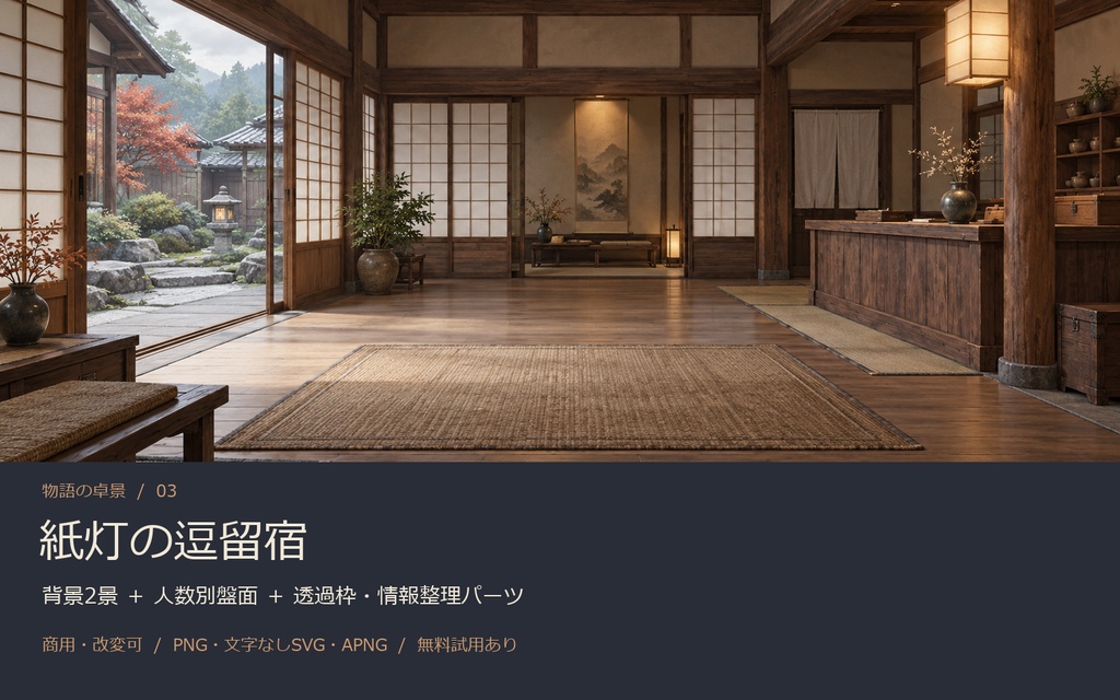 【AI背景+TRPG素材】紙灯の逗留宿|背景2景・人数別盤面・透過PNG・編集SVG