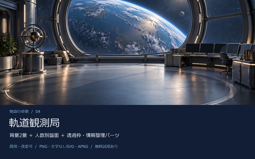 【AI背景＋TRPG素材】軌道観測局｜背景2景・人数別盤面・透過PNG・編集SVG