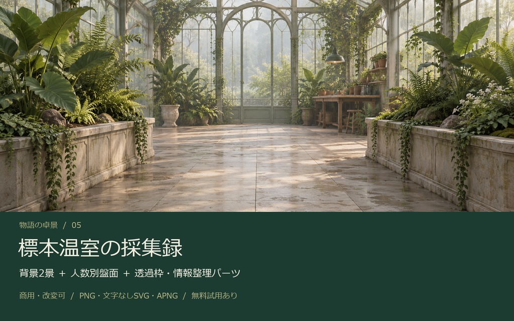 【AI背景＋TRPG素材】標本温室の採集録｜背景2景・人数別盤面・透過PNG・編集SVG