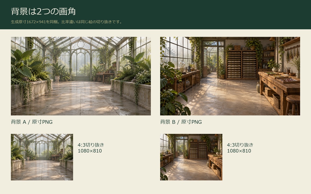 【AI背景+TRPG素材】標本温室の採集録|背景2景・人数別盤面・透過PNG・編集SVG