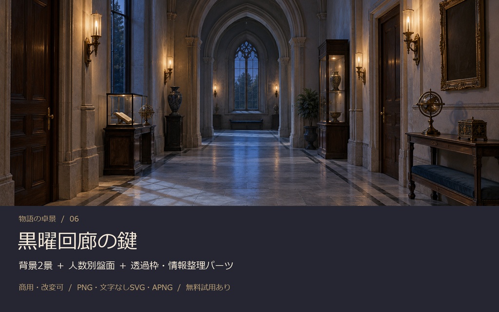 【AI背景+TRPG素材】黒曜回廊の鍵|背景2景・人数別盤面・透過PNG・編集SVG