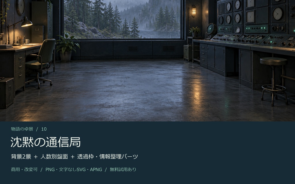 【AI背景+TRPG素材】沈黙の通信局|背景2景・人数別盤面・透過PNG・編集SVG