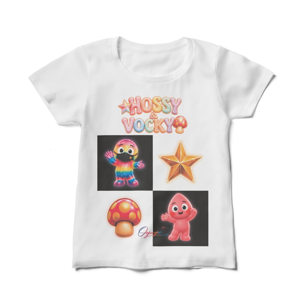 みにほっしー &ヴォッキー スクエアTシャツ/レディース・白