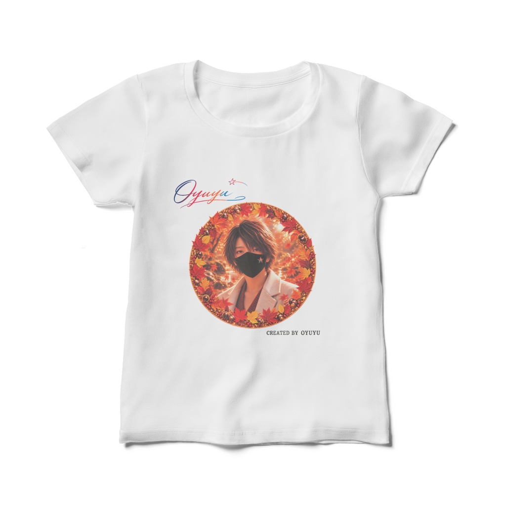 新マスター画像　秋のアイコンリング風おゆゆカラーTシャツ　レディース・白