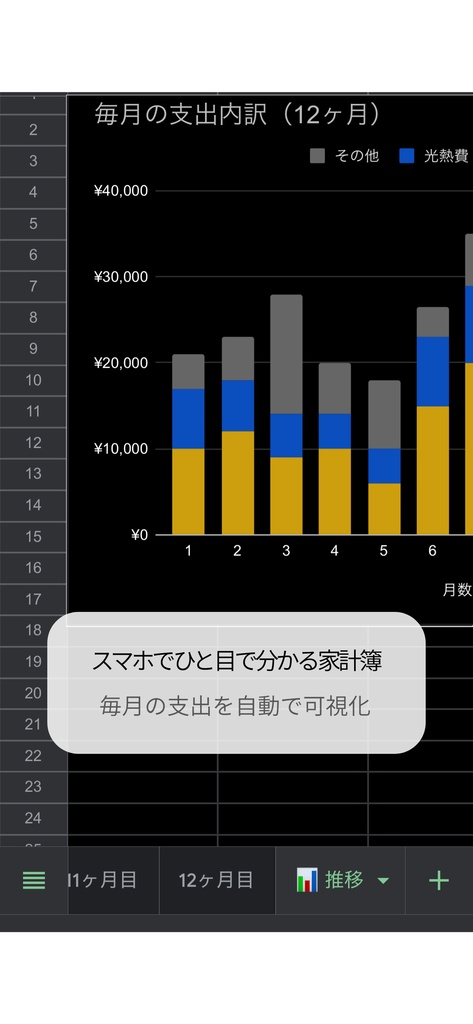 スマホで続く シンプル家計簿|12ヶ月・支出内訳グラフ付き(スプレッドシート)