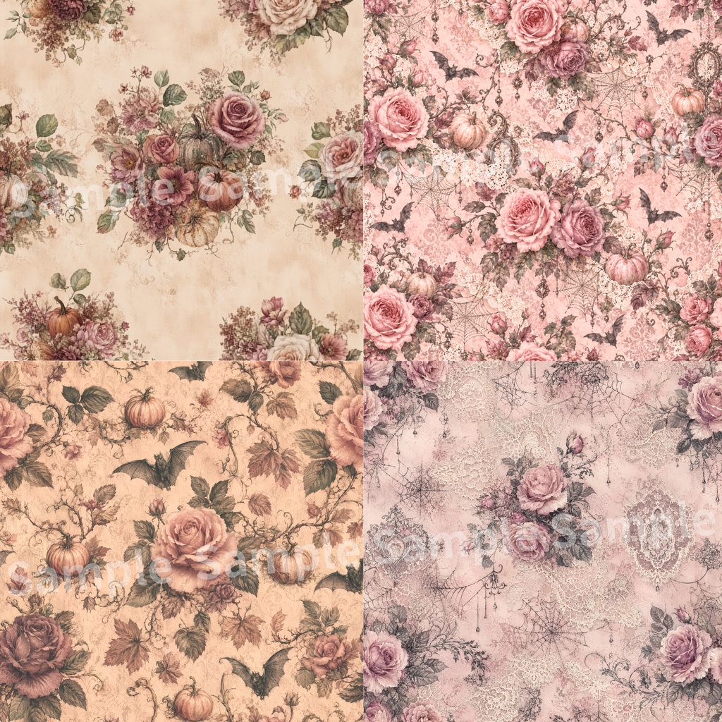 アンティーク調 薔薇×ハロウィン デジタルペーパー20種類セット |ヨーロピアンヴィンテージ|Antique Rose×Halloween Digital Papers 20-Set