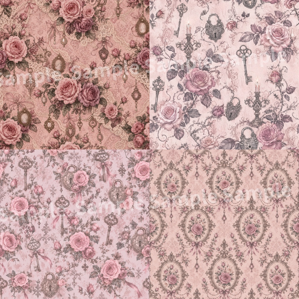 ヴィクトリアン 薔薇×小物 デジタルペーパー16種類セット |大人可愛い|Victorian Roses × Items Digital Papers 16-Set