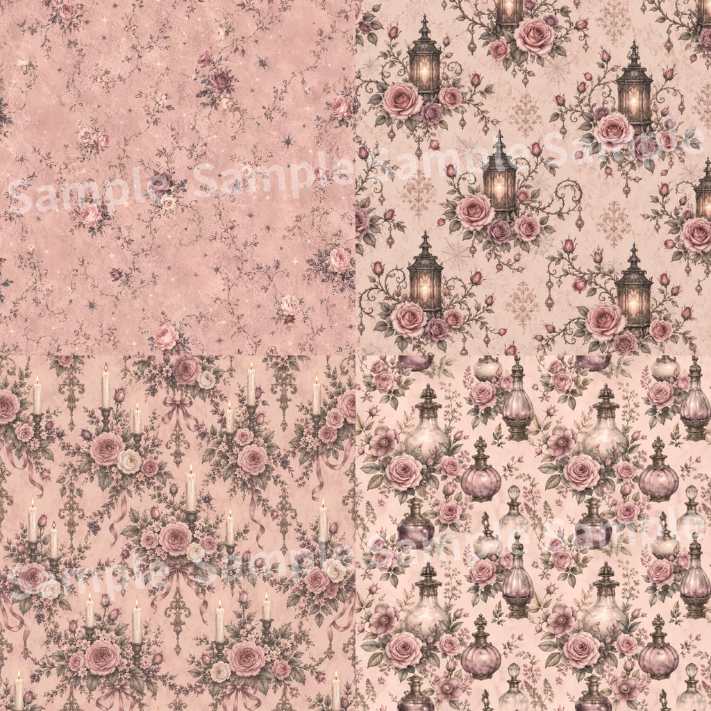 ヴィクトリアン 薔薇×小物 デジタルペーパー16種類セット |大人可愛い|Victorian Roses × Items Digital Papers 16-Set