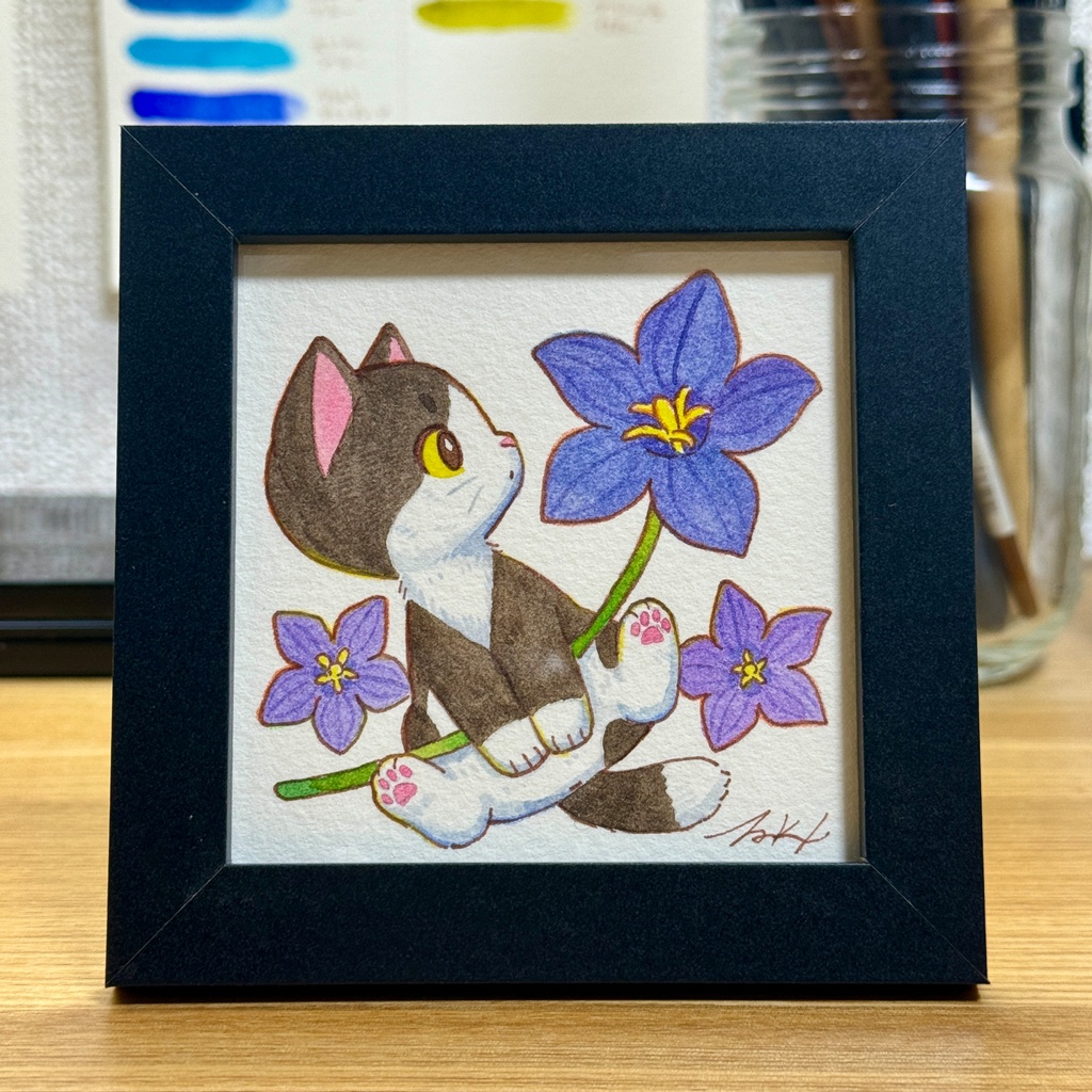 水彩原画「キキョウ＆ハチワレ」