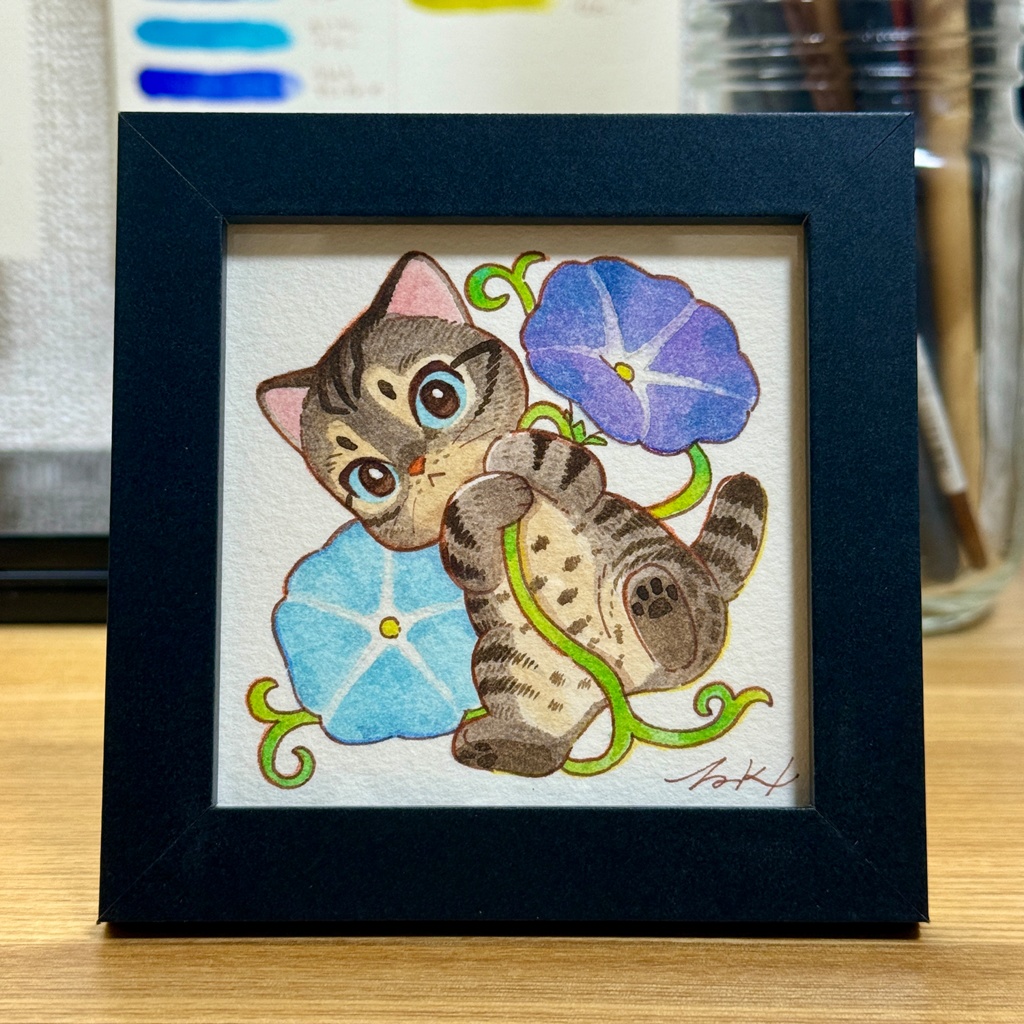 水彩原画「アサガオ＆サバトラ」