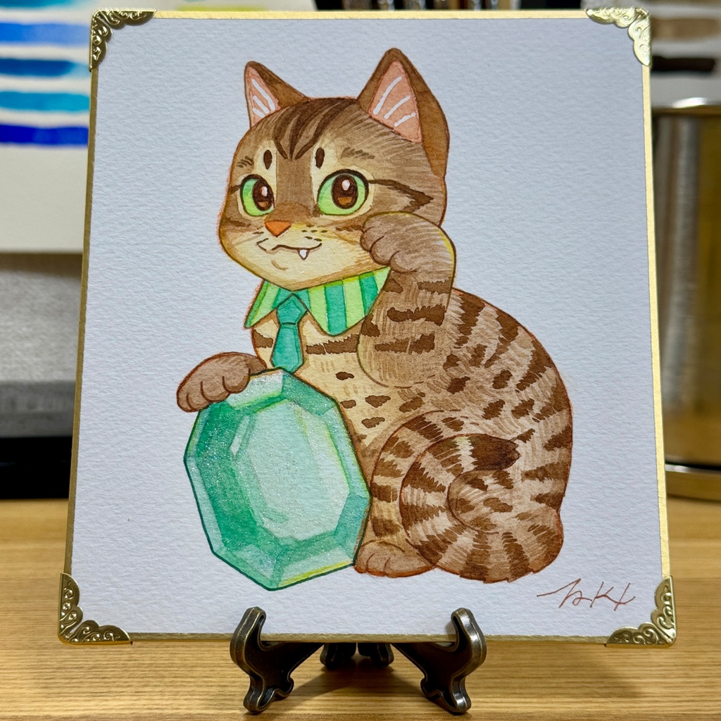 水彩原画「招き愛猫こぱん」