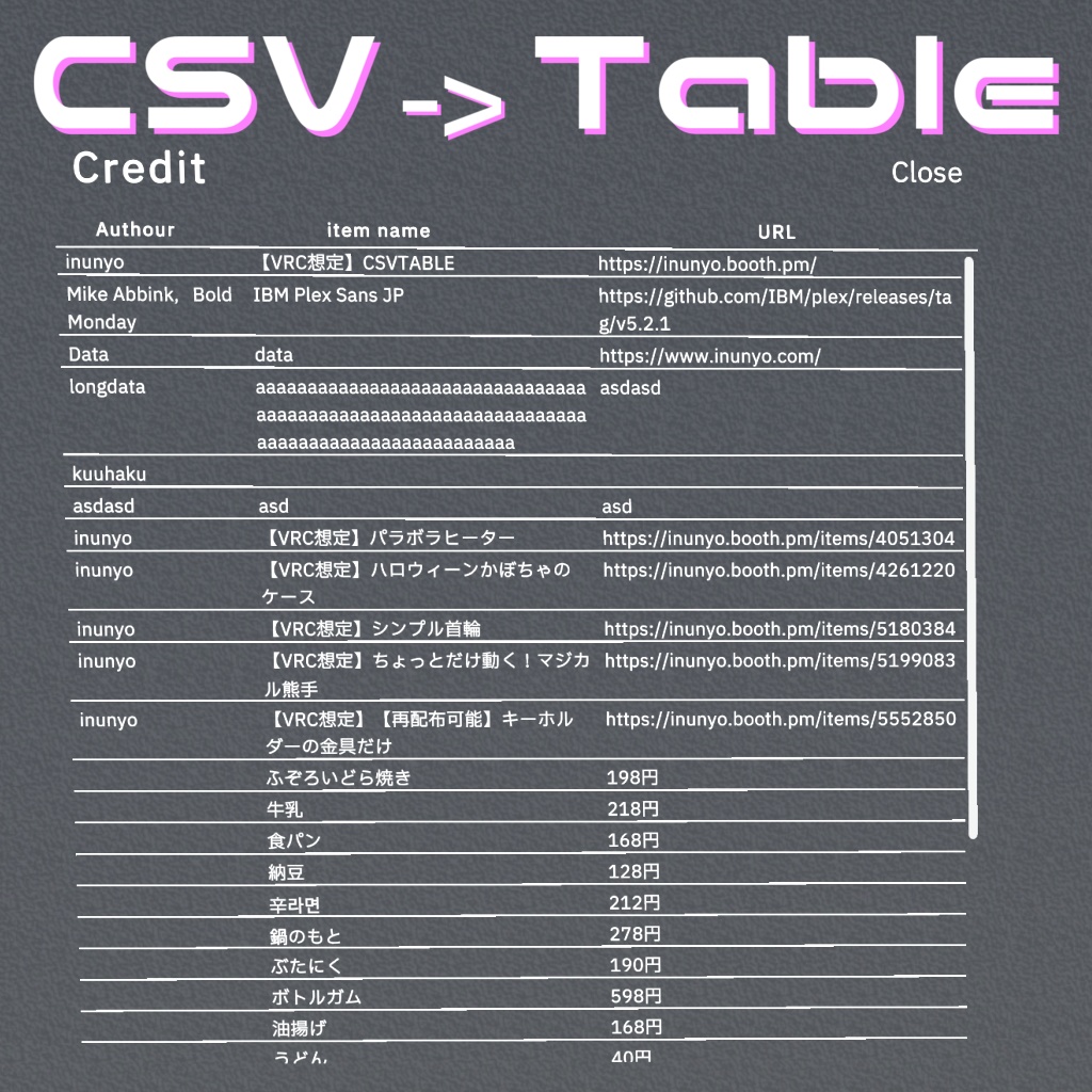 【VRC想定】CSVTable