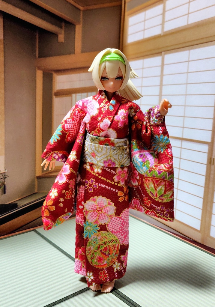 小紋着物 鞠柄赤 布服 メガミデバイス フレームアームズ ガール FA:G 武装神姫 浴衣 