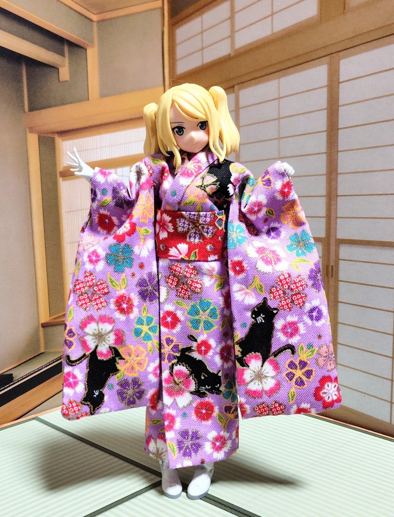 振袖着物 猫柄紫 布服 メガミデバイス フレームアームズ ガール FA:G 30ms 武装神姫 ブロッカーズFIORE 浴衣