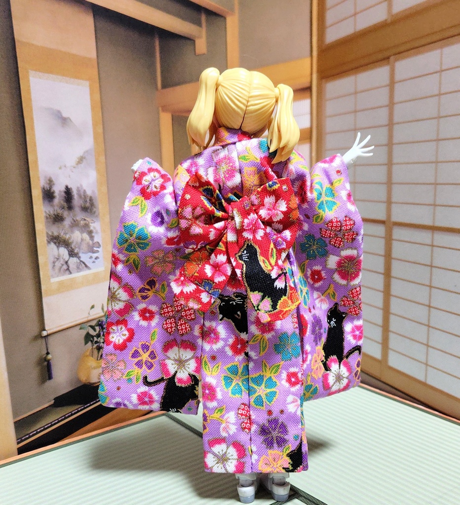 振袖着物 猫柄紫 布服 メガミデバイス フレームアームズ ガール FA:G 30ms 武装神姫 ブロッカーズFIORE 浴衣