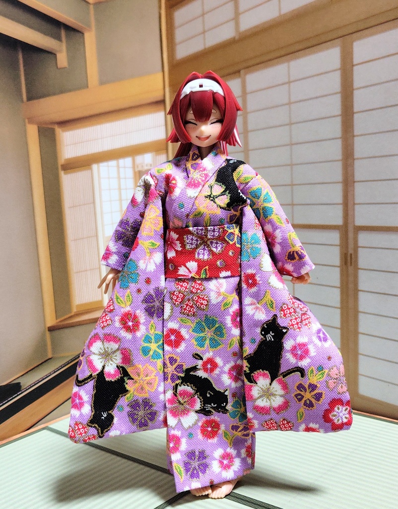 振袖着物 猫柄紫 布服 メガミデバイス フレームアームズ ガール FA:G 30ms 武装神姫 ブロッカーズFIORE 浴衣