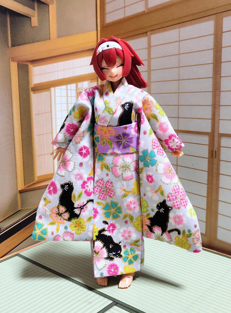 振袖着物 猫柄グレー 布服 メガミデバイス フレームアームズ ガール FA:G 30ms 武装神姫 ブロッカーズFIORE 浴衣