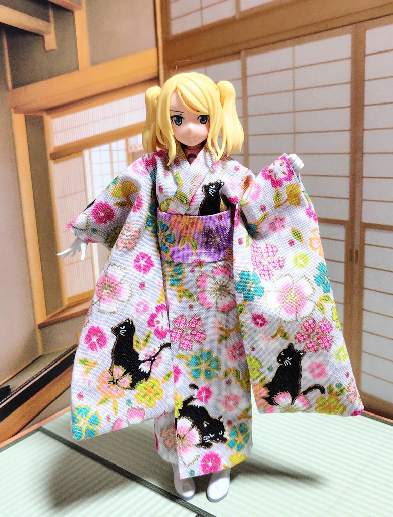 振袖着物 猫柄グレー 布服 メガミデバイス フレームアームズ ガール FA:G 30ms 武装神姫 ブロッカーズFIORE 浴衣