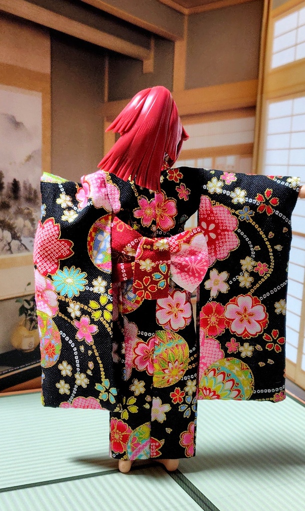 振袖着物 鞠柄黒 布服 メガミデバイス フレームアームズ ガール FA:G 30ms 武装神姫 ブロッカーズFIORE 浴衣