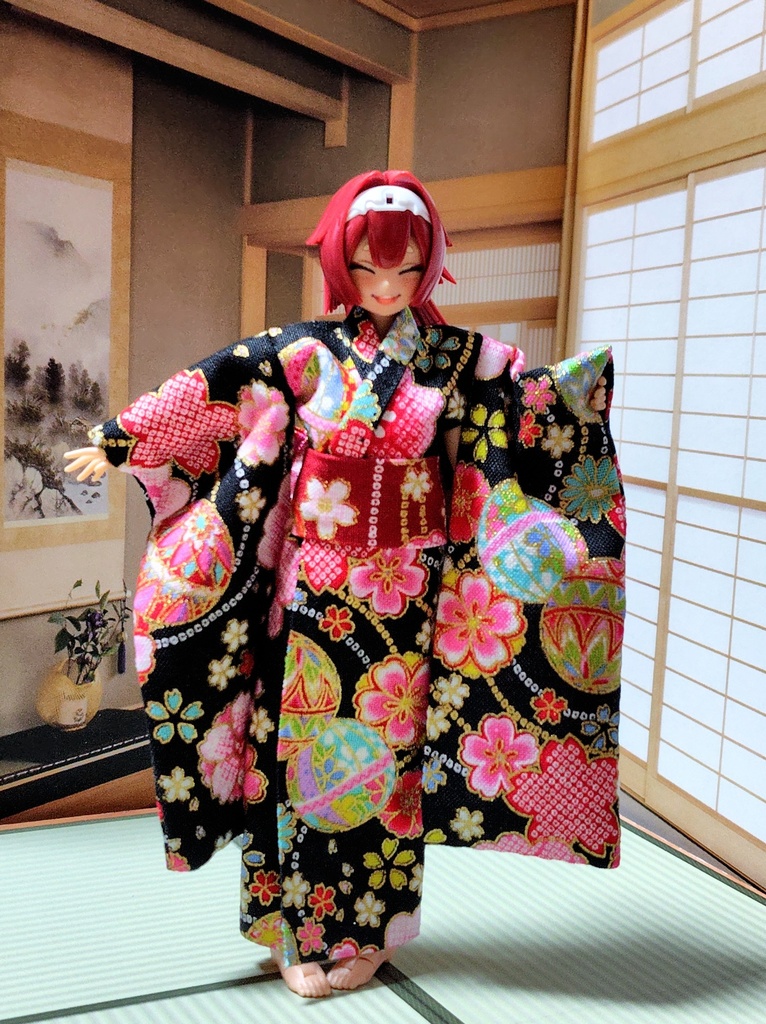 振袖着物 鞠柄黒 布服 メガミデバイス フレームアームズ ガール FA:G 30ms 武装神姫 ブロッカーズFIORE 浴衣