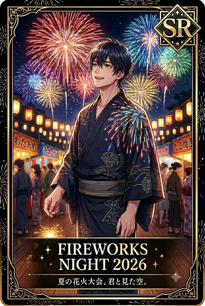 【AI生成】夏の花火大会・トレカ風イラストデータ（スマホ壁紙）