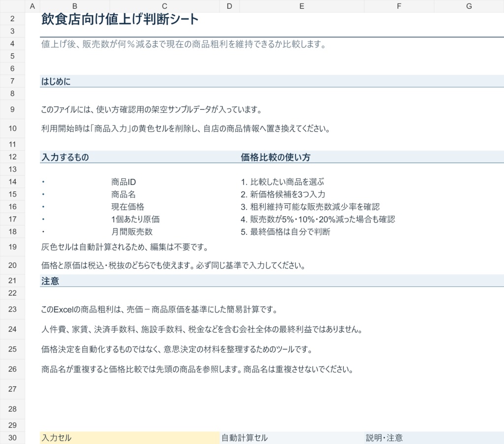 飲食店向け値上げ判断シート|販売数が何%減っても粗利を維持できるか分かるExcel