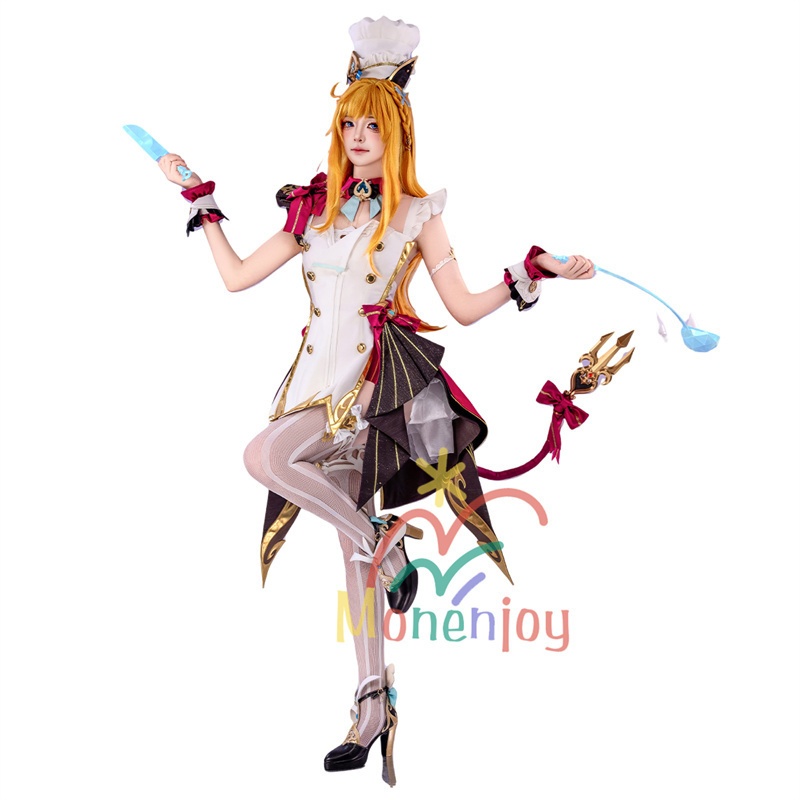 Monenjoy 原神 エスコフィエ ワンピース Escoffier コスプレ衣装 氷神の目 料理人 3d樹脂尻尾 げんしん フォンテーヌ