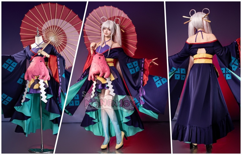 Monenjoy 超かぐや姫! 月見ヤチヨ コスプレ衣装 ヘアアクセサリー付 コスチューム 和服 仮装 酒寄彩葉 ぬいぐるみ+和傘別途追加対応