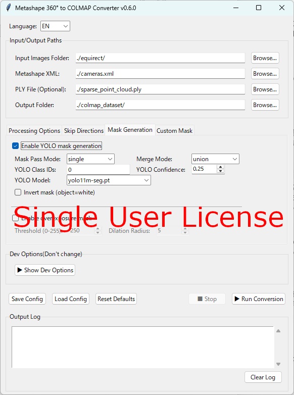 Metashape 360° to COLMAP Converter ( GUI, Windows binary edition )  Single user license