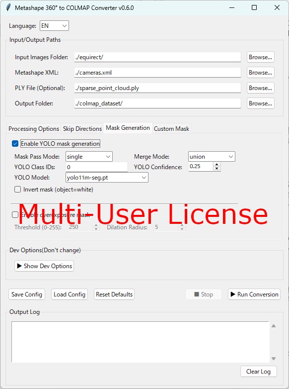 Metashape 360° to COLMAP Converter ( GUI, Windows binary edition )  Multi-user license