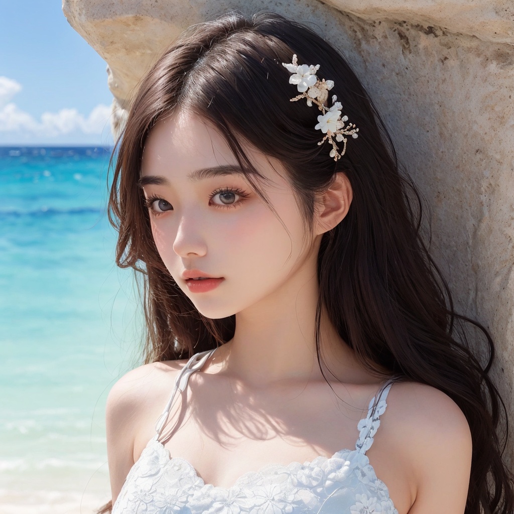 「スマホ対応」19歳・日本人美少女バストアップ・高画質写真集10枚(白いレースワンピース・AIグラビア風