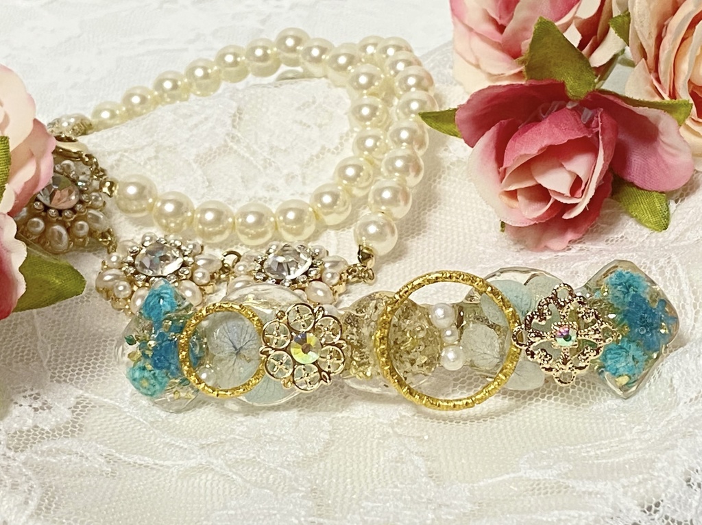 お花のキラキラレジンヘアクリップ※ブルー・くすみブルー