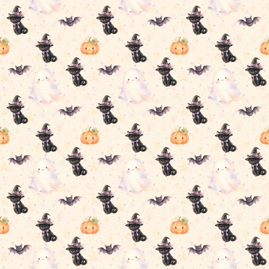 大人かわいいハロウィンデジタルペーパー　黒猫・おばけ・かぼちゃ　淡色Halloween