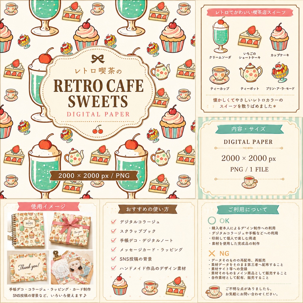 レトロ喫茶のスイーツ柄 可愛いデジタルペーパー Retoro Cafe