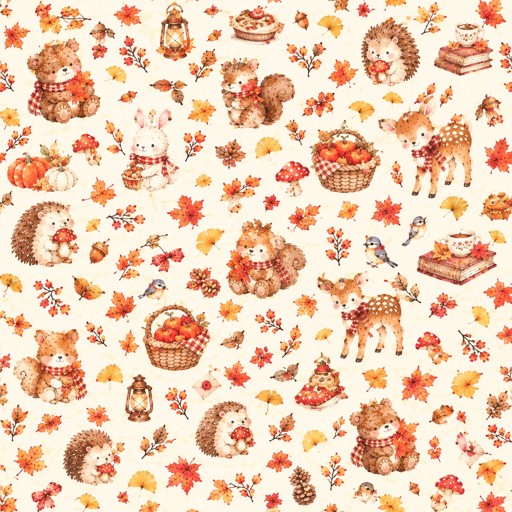 秋の森と小さな動物たち|デジタルペーパー3枚セット|Watercolor Autumn