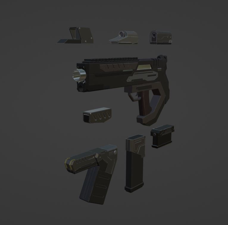 【3Dモデル武器】SFに出てきそうなハンドガン&アタッチメントセット【銃】