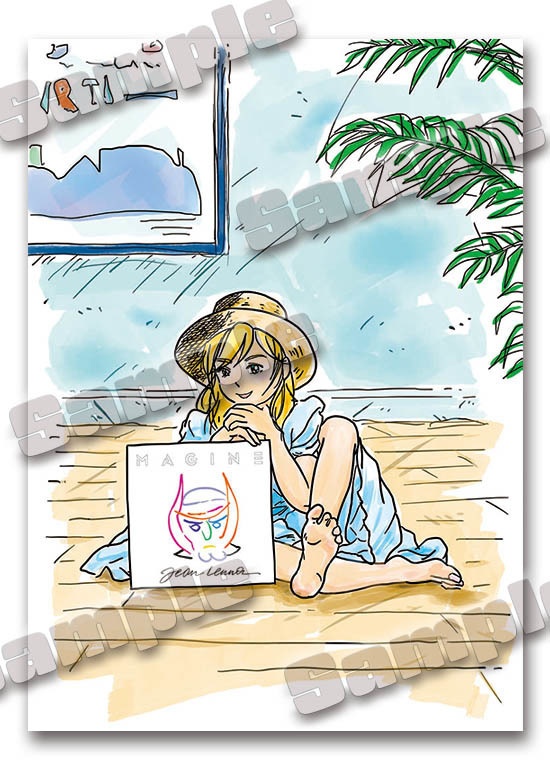 LPアルバムジャケットと美女シリーズ:「MAGINE」のアルバムカバーに微笑む麦わら帽子の美少女(落書き手描き風)