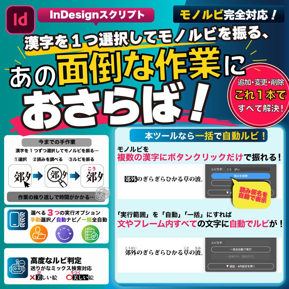 【InDesignスクリプト】画期的な「自動ルビ」|漢字を検出して読みを取得、モノルビまで自動登録!