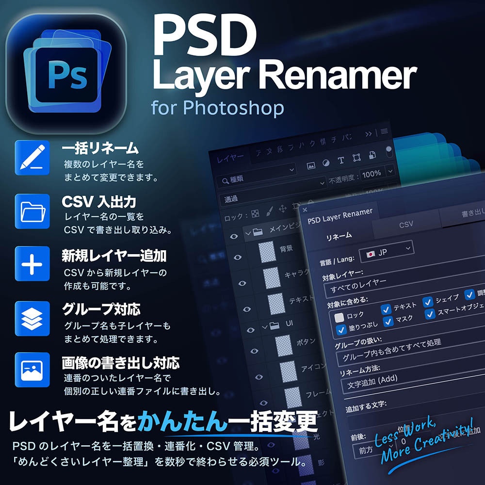 【10/9(金)まで980円】【Photoshopプラグイン】PSD Layer Renamer｜レイヤー一括リネーム・CSV管理・連番書き出し（UXP）