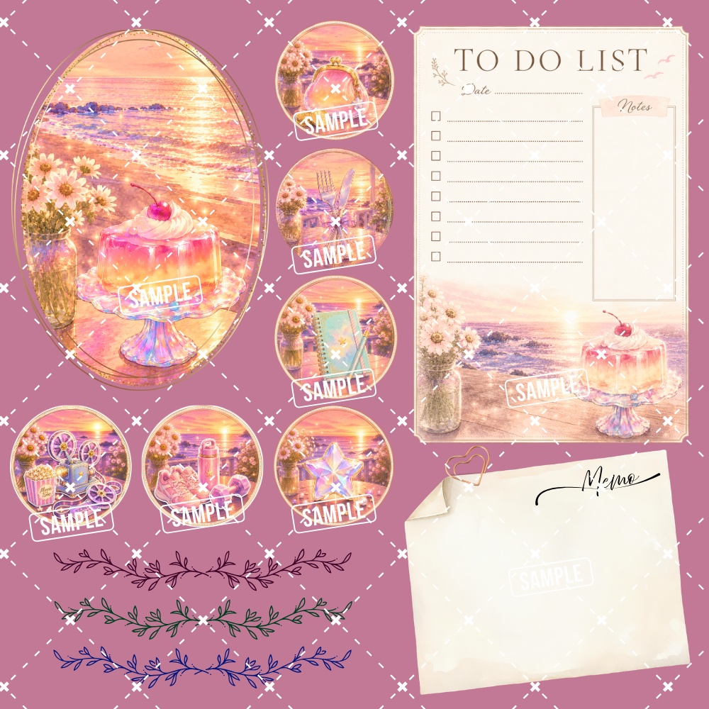 Sunset Dream Collection|夕焼け色のデジタルステッカー23点|Goodnotes・手帳デコ・背景透過PNG