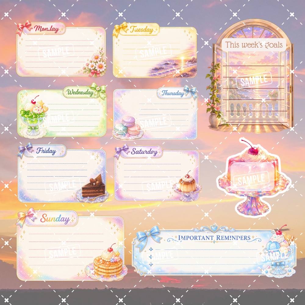 Sunset Dream Collection|夕焼け色のデジタルステッカー23点|Goodnotes・手帳デコ・背景透過PNG