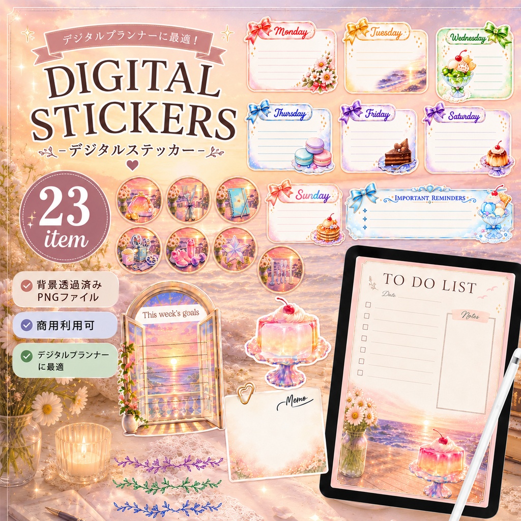 Sunset Dream Collection｜夕焼け色のデジタルステッカー23点｜Goodnotes・手帳デコ・背景透過PNG
