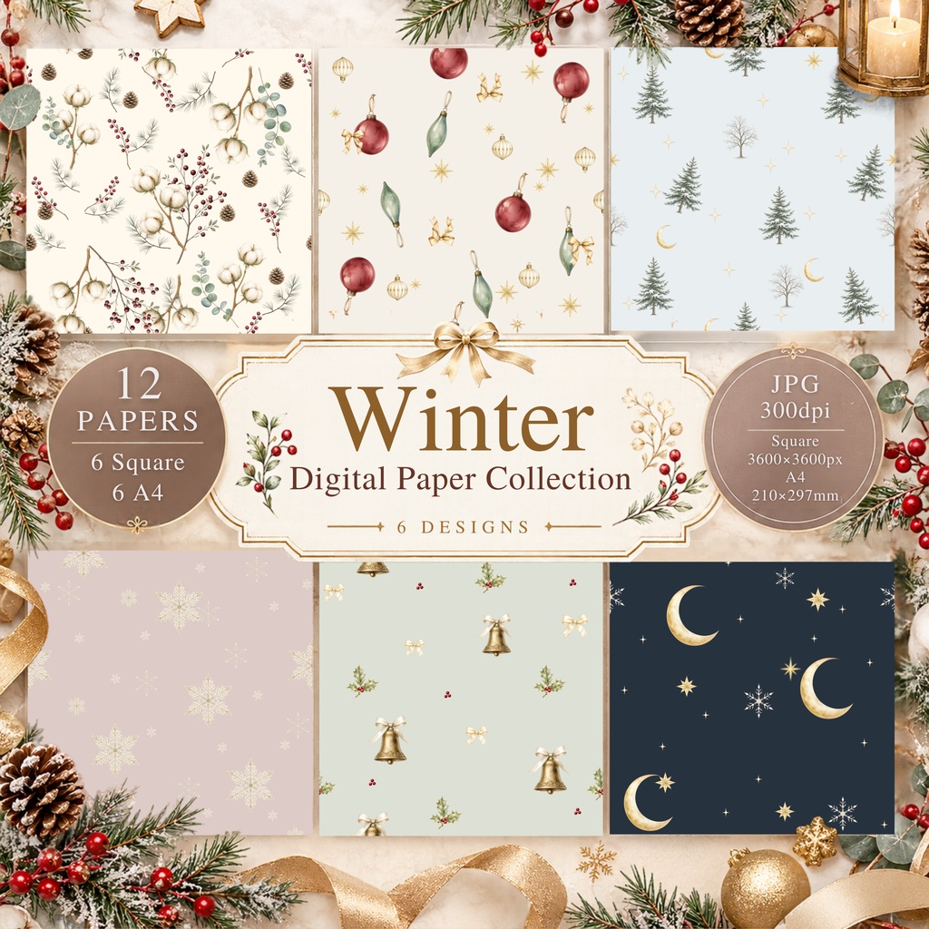 「冬のやさしい彩り|Winter Digital Paper Collection 6柄・A4付き【商用利用可】」