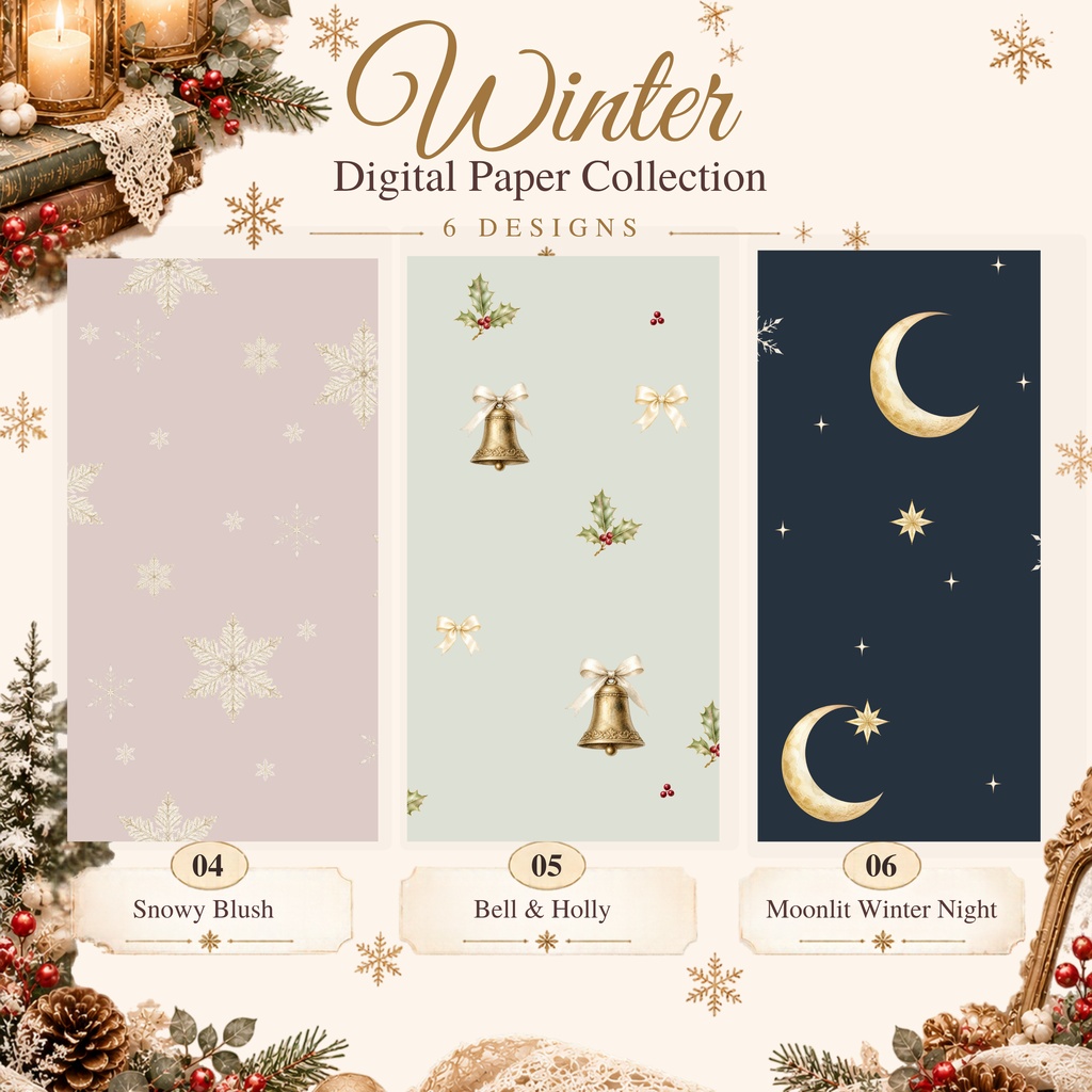 「冬のやさしい彩り|Winter Digital Paper Collection 6柄・A4付き【商用利用可】」