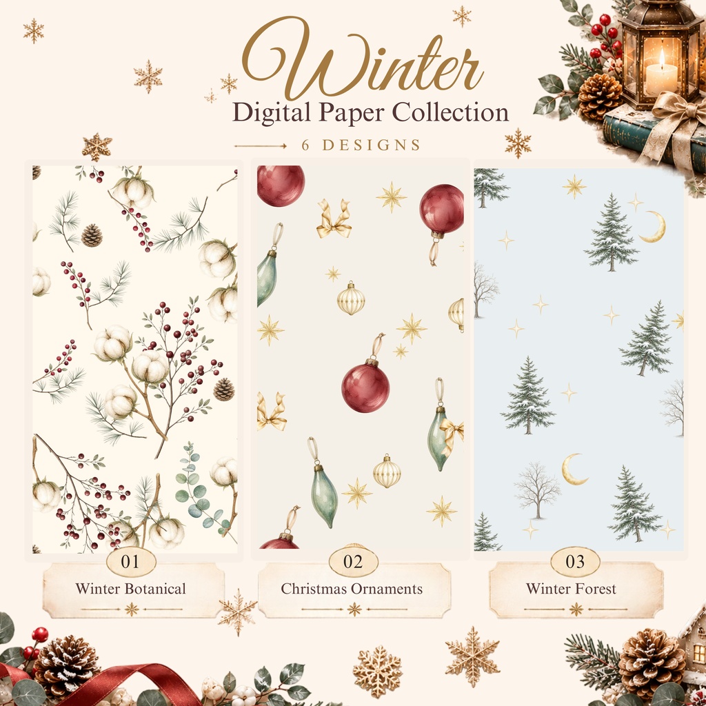 「冬のやさしい彩り|Winter Digital Paper Collection 6柄・A4付き【商用利用可】」