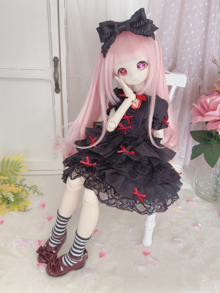 3点セット 黒×赤 ドール服 ワンピース 1/3 1/4 MDD もちあし 苺