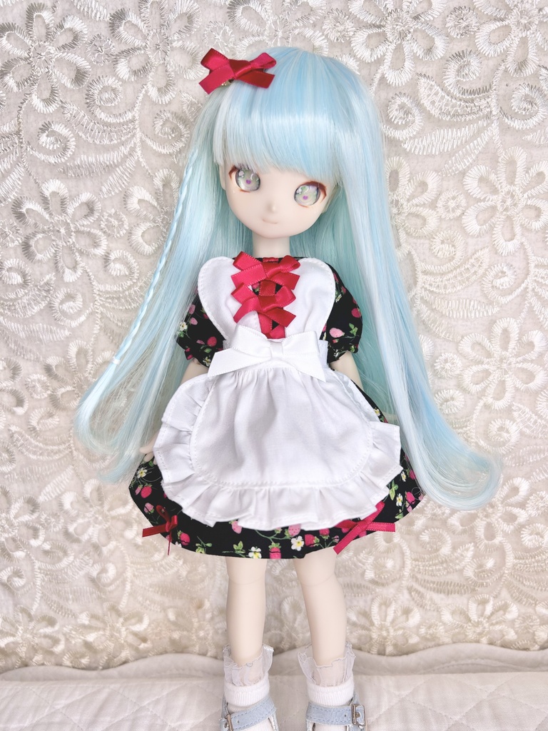 幼SD うさ耳エプロンセット 苺柄 ワンピース ドール服 ワンピース