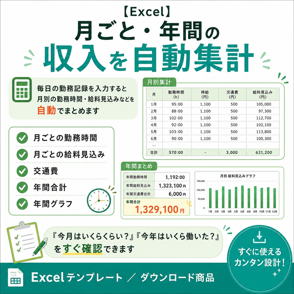 【Excel】パート・アルバイト給料見込み表|勤務時間・交通費・月収を自動集計