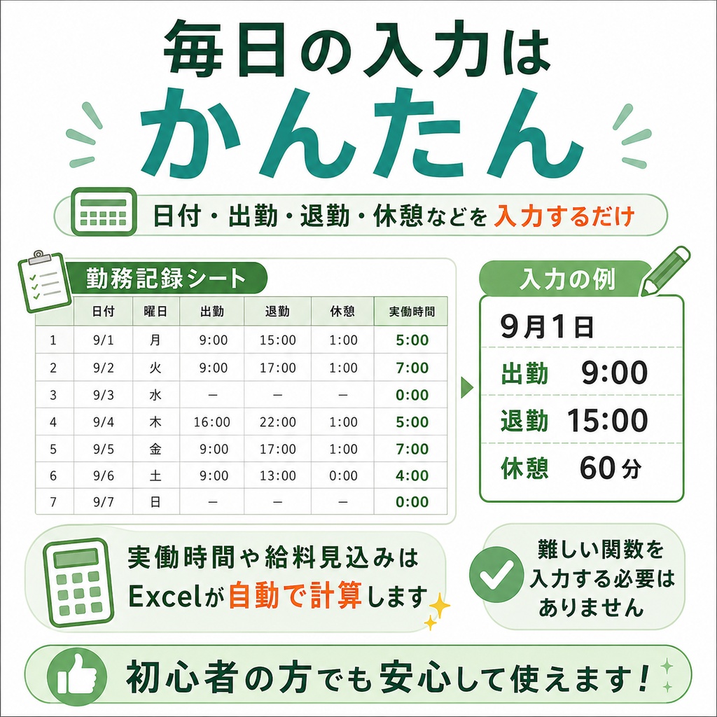 【Excel】パート・アルバイト給料見込み表|勤務時間・交通費・月収を自動集計