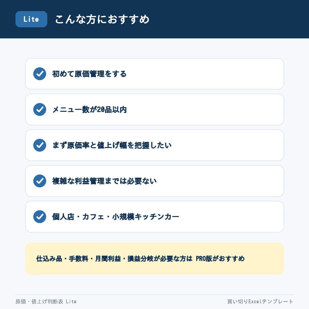 【Excel】飲食店・キッチンカー 原価・値上げ判断表 Lite|仕入れ価格を変えるだけで全メニュー自動再計算
